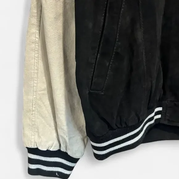 Vintage Cellini Genuine Suede Oversized Varsity Jacket In Black And Cream